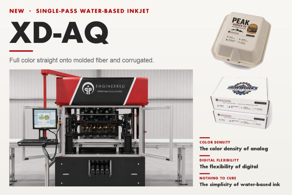 EPS XD-AQ single-pass water-based inkjet printer, with a printed molded fiber clamshell and corrugated mailers